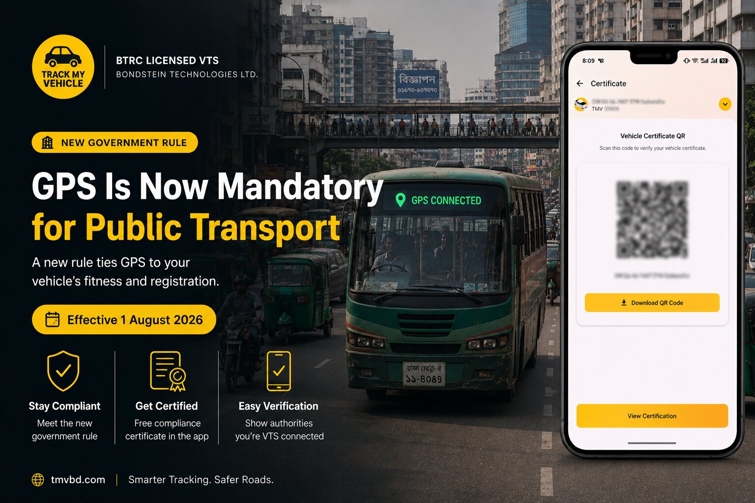 Public transport bus on a Bangladesh road fitted with GPS tracking