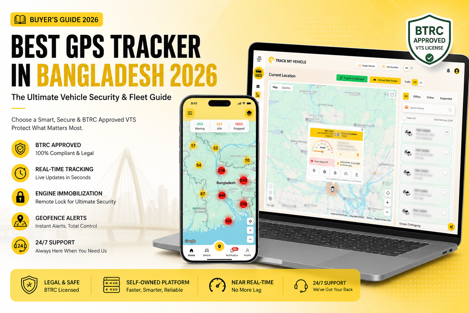 Track My Vehicle live app dashboard screen tracking multiple vehicles across the Bangladesh map